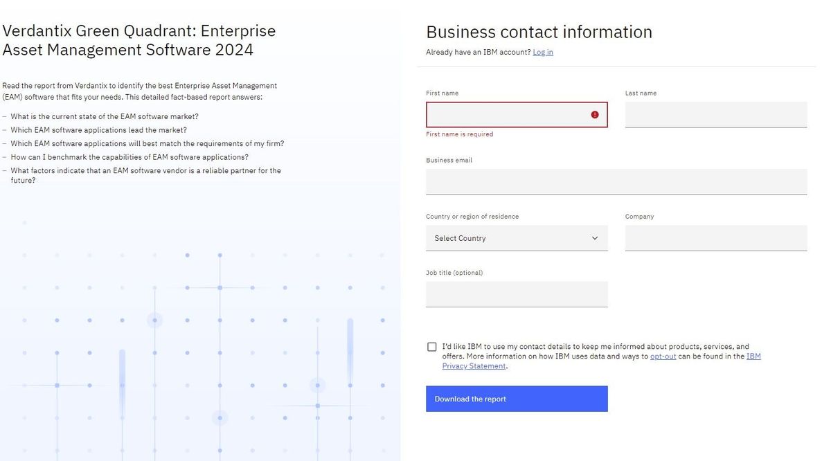 Verdantix Green Quadrant report naming IBM as a leader in asset performance management