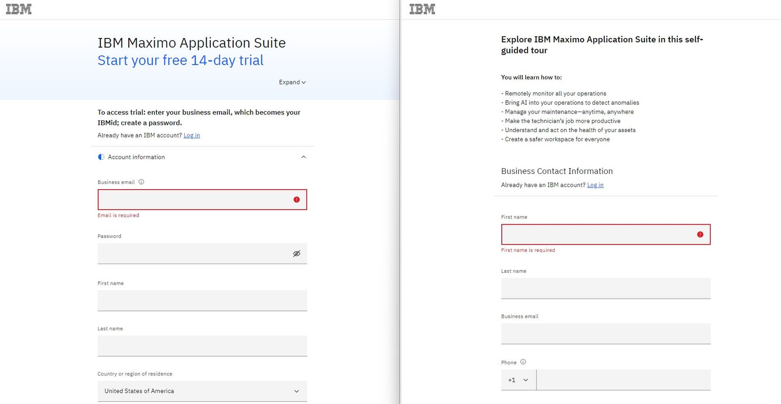 IBM Maximo Application Suite product tour and trial interface